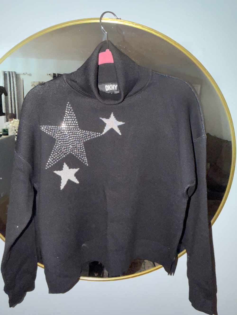 DKNY Black Turtleneck Sweater with Star Stud Detail